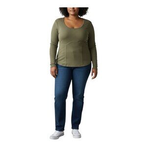 And Now This Plus Size 0X Rib Knit Green Corset Top Long Sleeve Scoop Neck
